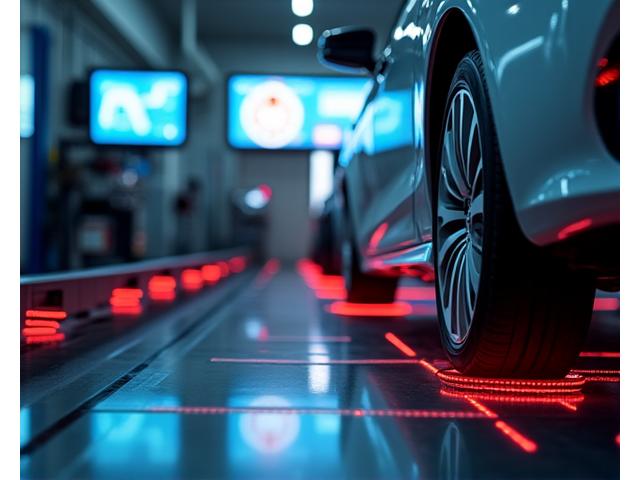 High-precision wheel alignment machine with laser sensors aligned on a car's wheels in a workshop.