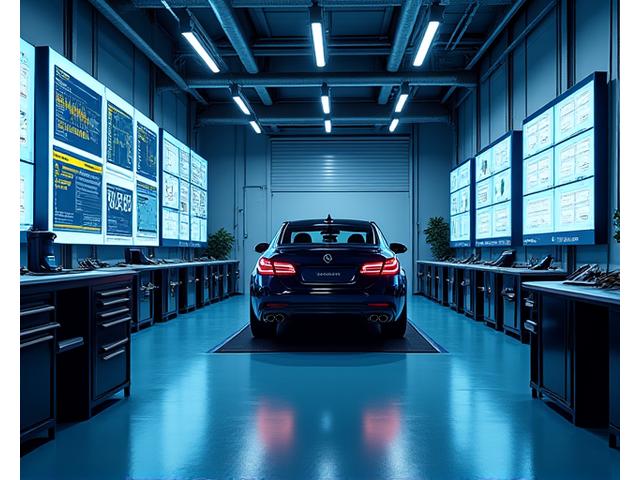 Interior of Apex Autosmith's modern diagnostics bay with a car connected to advanced diagnostic equipment, screen displaying data.