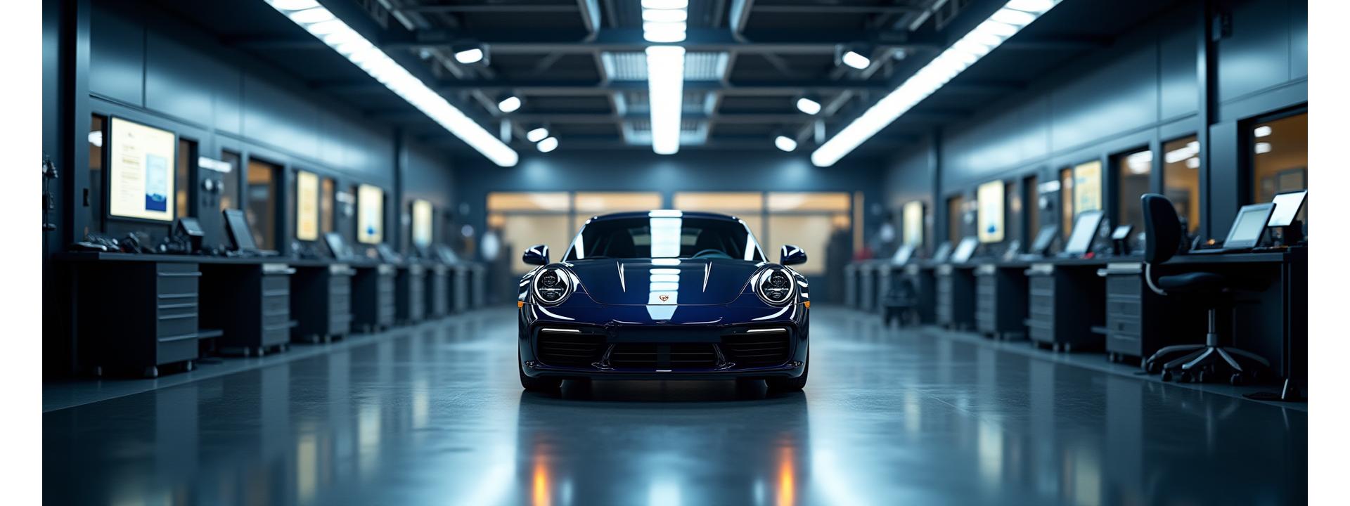 Modern automotive workshop with a sleek, high-end sports car under bright, clean lights, symbolizing precision and technological advancement in car service in Singapore.