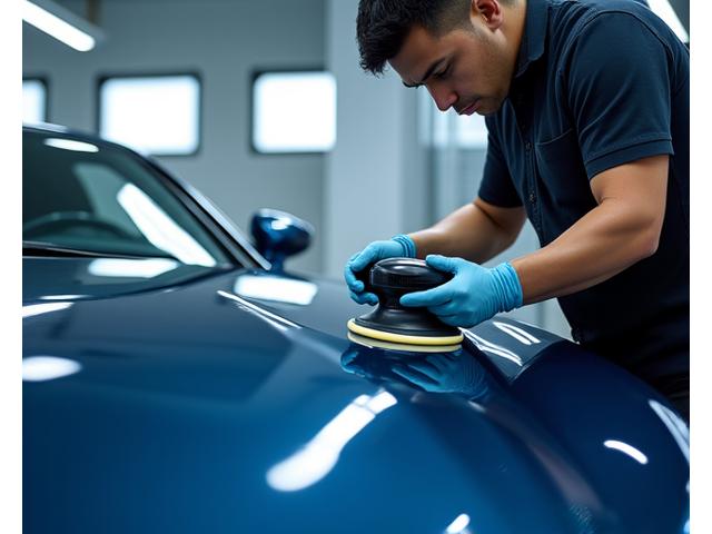 Portrait of Marcus Tan, Master Detailer, meticulously polishing a car's surface with focused intensity in a detailing bay.