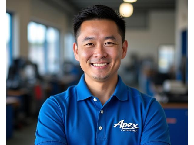 Portrait of David Lim, Lead Diagnostics Engineer at Apex Autosmith, smiling confidently in a clean workshop setting.