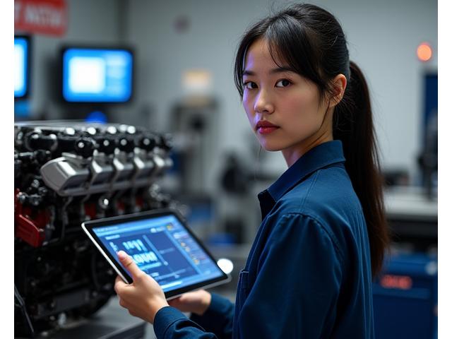 Portrait of Sarah Chen, Performance Tuning Specialist, holding a tablet with engine data, showcasing her expertise and focus.