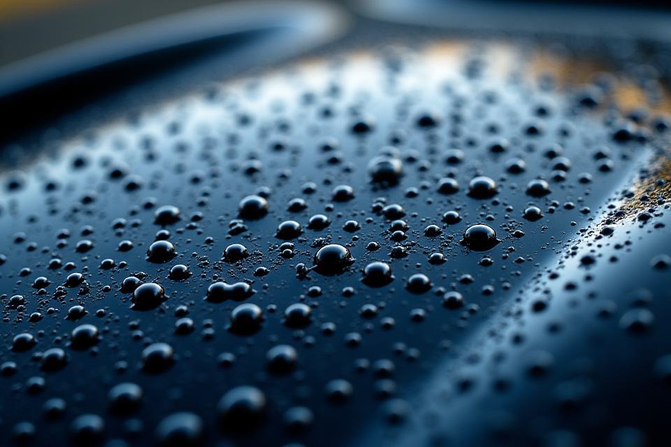 Water beading perfectly on a ceramic-coated car surface, showing excellent hydrophobic properties