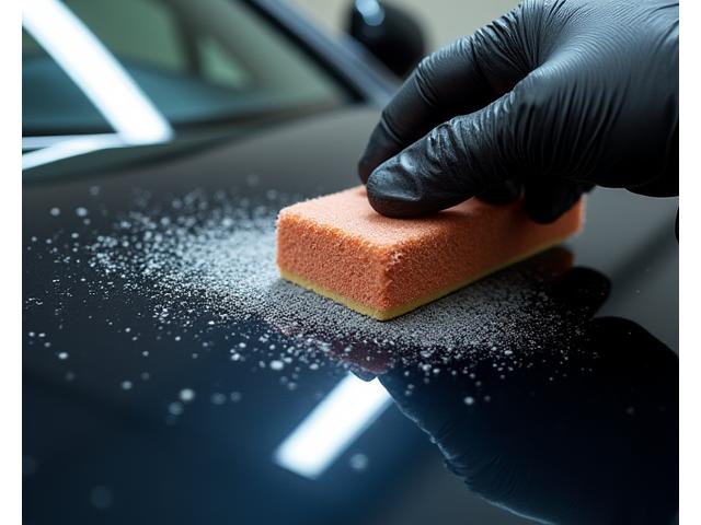 Close-up of a professional carefully wet-sanding orange peel texture off car paint