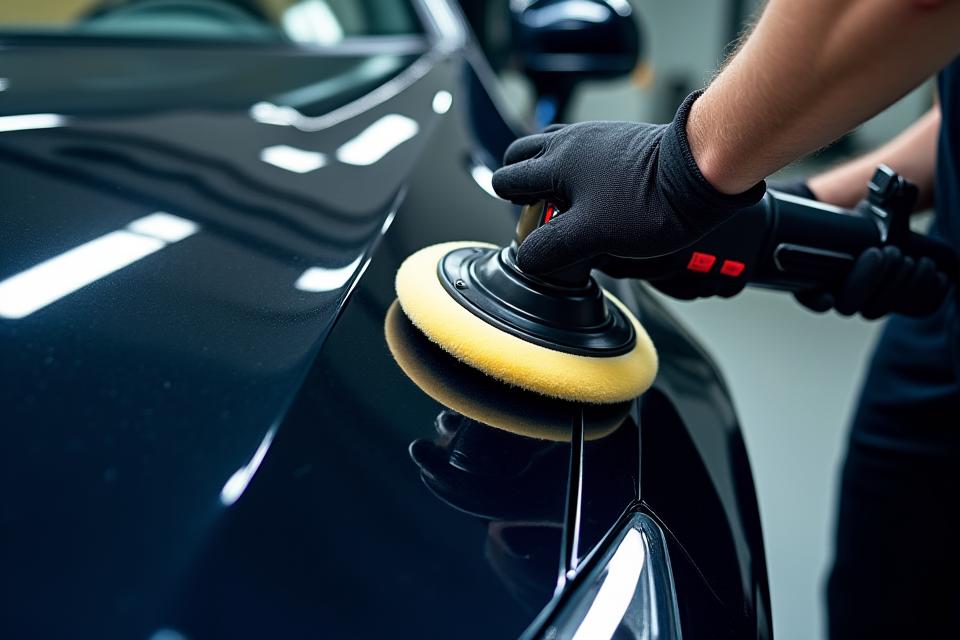 Close-up of a car being polished by a professional, showing a deep, mirror-like reflection on the paint