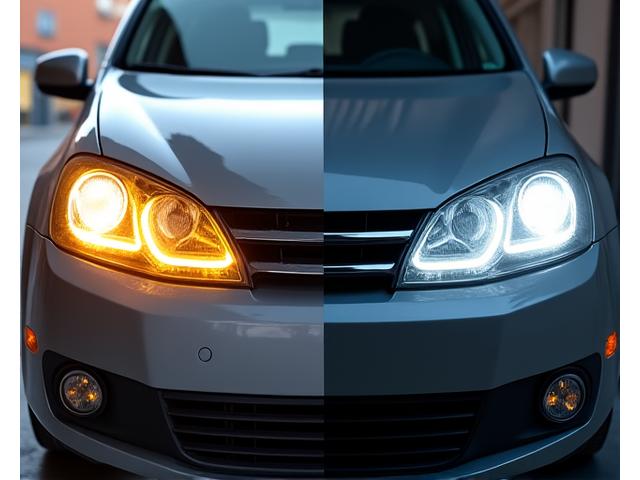One foggy, yellowed headlight next to a perfectly clear, restored headlight on a car