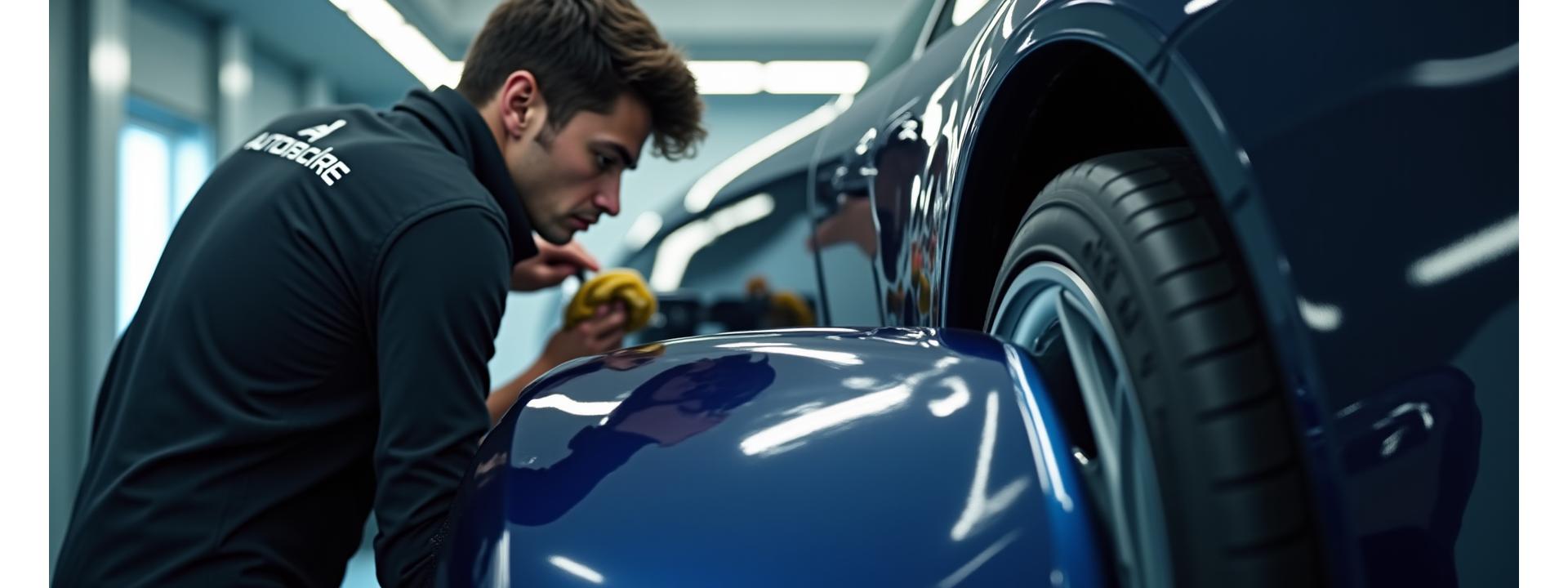 Luxury car being detailed by a professional using specialized equipment, showcasing a high gloss finish
