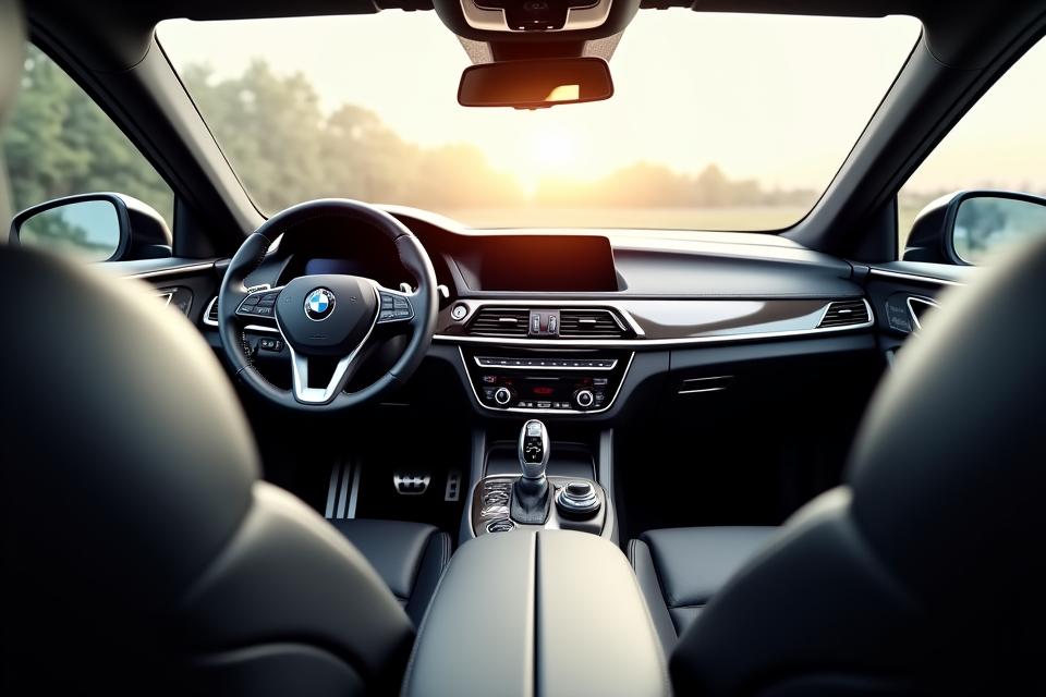 Luxurious car interior with freshly cleaned leather seats, dashboard, and polished surfaces