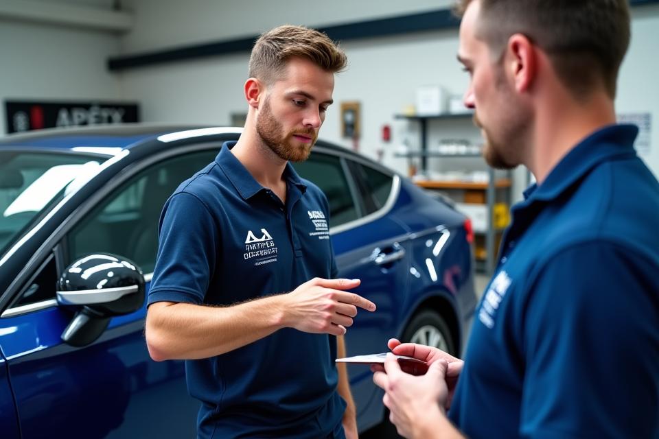 Technician advising a car owner on car care techniques in a clean garage setting