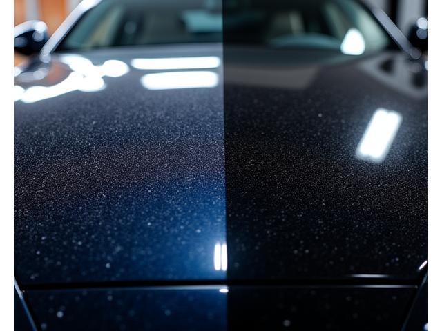 Before and after showing a car's paint with severe swirl marks on one side, and perfectly corrected, glossy paint on the other