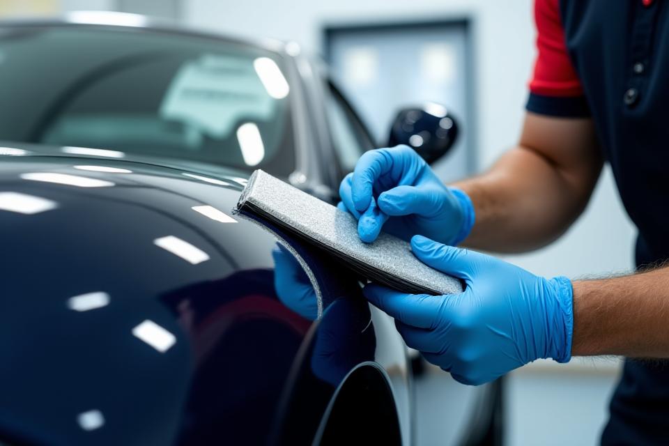 Technician precisely applying clear paint protection film to a car's fender with a squeegee