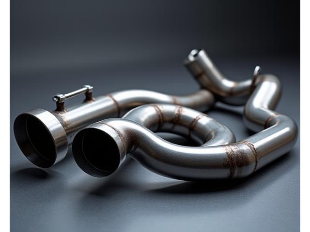Custom-fabricated stainless steel exhaust system laid out, showcasing mandrel bends and welds