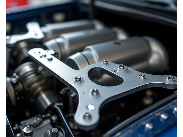 Close-up of custom fabricated engine bay brackets holding performance parts