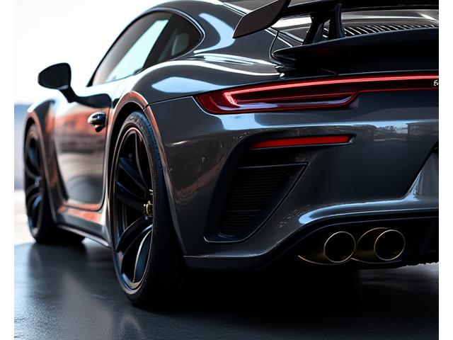 Performance sports car with a gleaming custom exhaust system showing tips