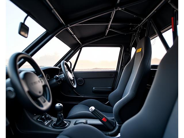 Interior shot of a race car with a complex, perfectly fitted custom roll cage