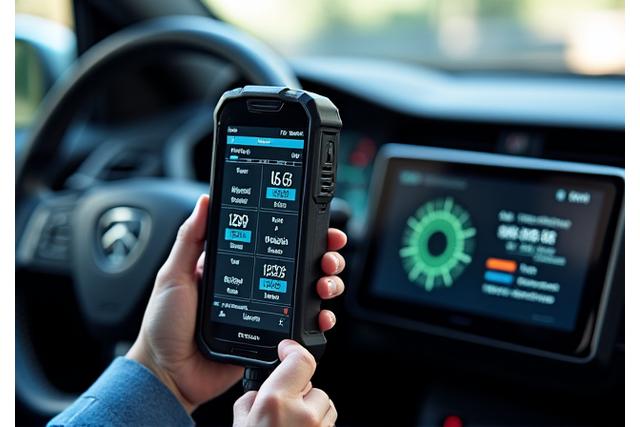 Diagnostic tool connected to an electric car battery pack, showing health data