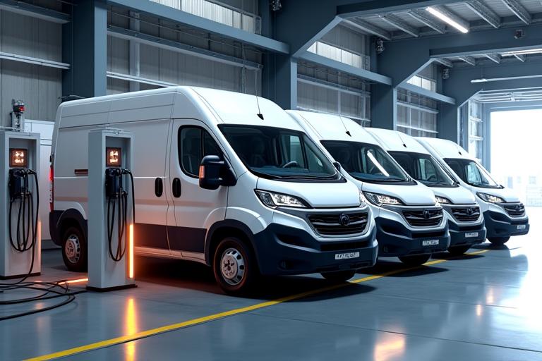 Commercial vans parked at multiple EV charging stations