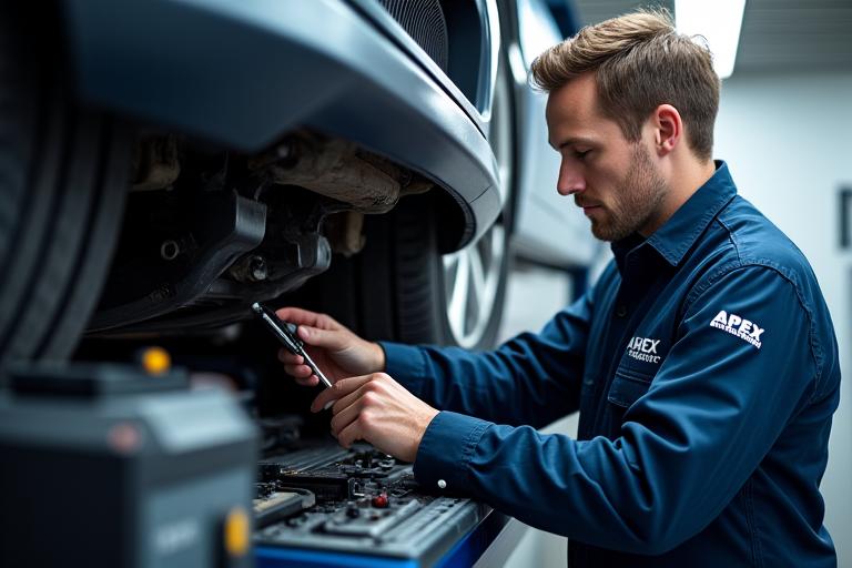 Technician performing battery maintenance on an electric vehicle