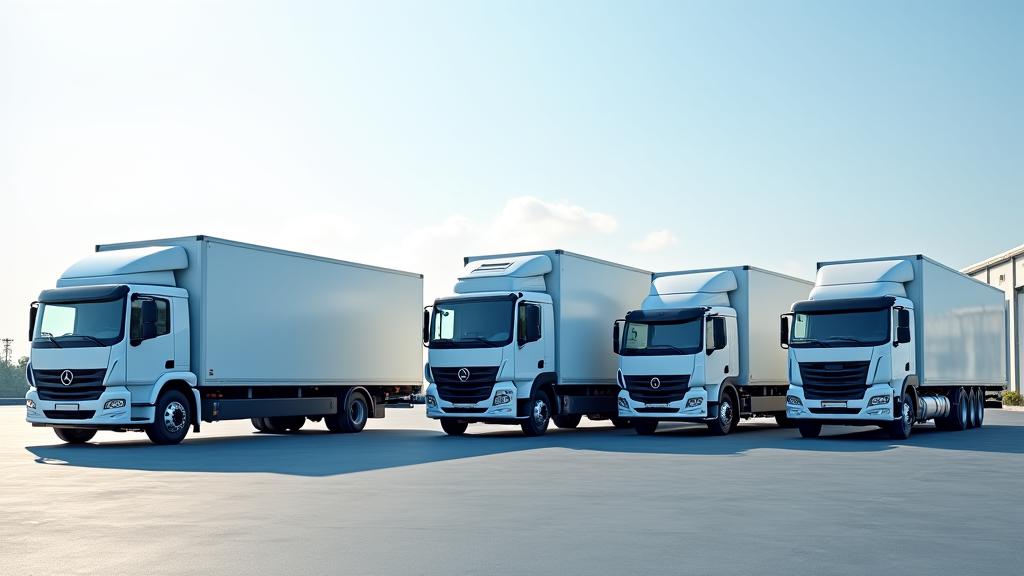 Lineup of diverse commercial vehicles, including a van, a truck, and a utility vehicle, in a well-maintained lot