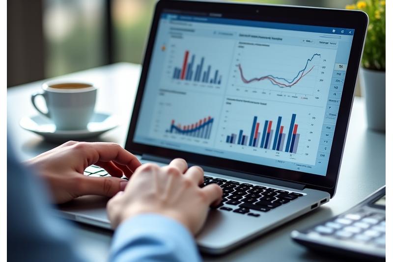 Hands on a laptop screen displaying vehicle cost analysis charts and graphs, with a calculator and coffee on the side