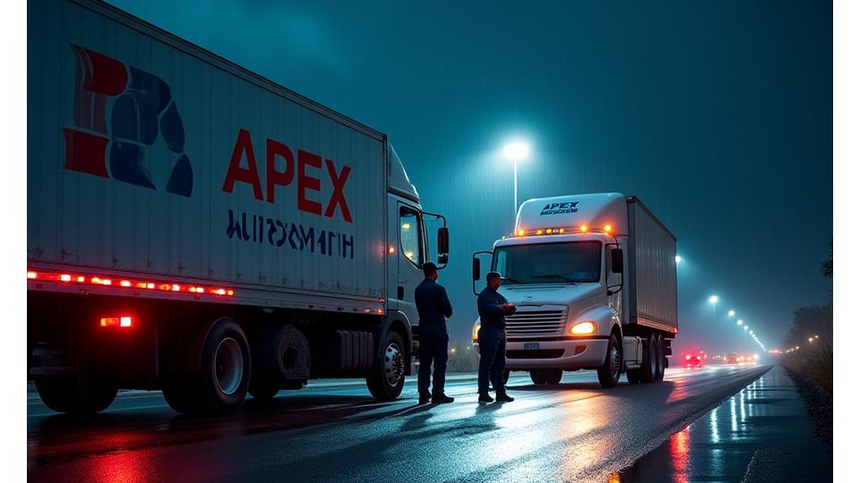 Apex Autosmith mobile service van parked at night next to a broken-down commercial truck, with a technician working under a floodlight