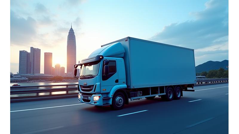 Modern fleet truck driving through Singapore city at dawn, symbolizing efficiency