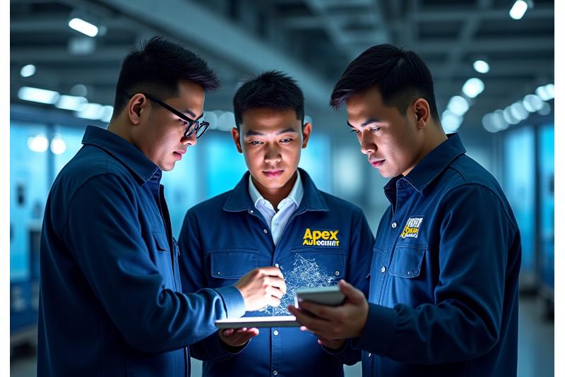 Team of mechanics and a fleet manager reviewing a digital fleet maintenance schedule on a tablet.