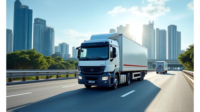 Logistics truck with company branding driving on a modern highway in Singapore under blue skies