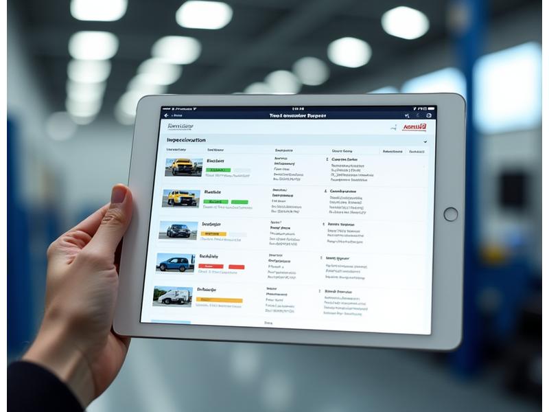 A digital vehicle inspection report displayed on a tablet, showing green, yellow, and red color-coded sections for vehicle health with detailed notes and photos.