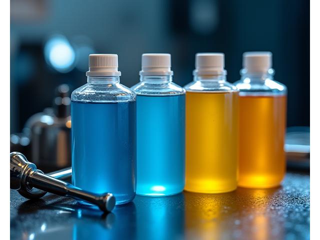 Close-up of premium automotive fluids (oil, coolant, brake fluid) with a wrench on a clean workshop surface.