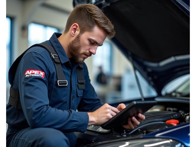 Technician conducting a comprehensive multi-point inspection on a car's engine bay with a tablet.