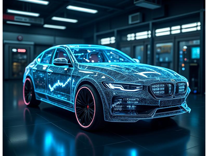 Sophisticated automotive diagnostic equipment connected to a car, displaying real-time data on a holographic interface.