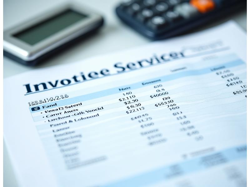 A magnified view of a transparent vehicle service invoice, clearly showing itemized costs for parts and labor, with a calculator in the background.