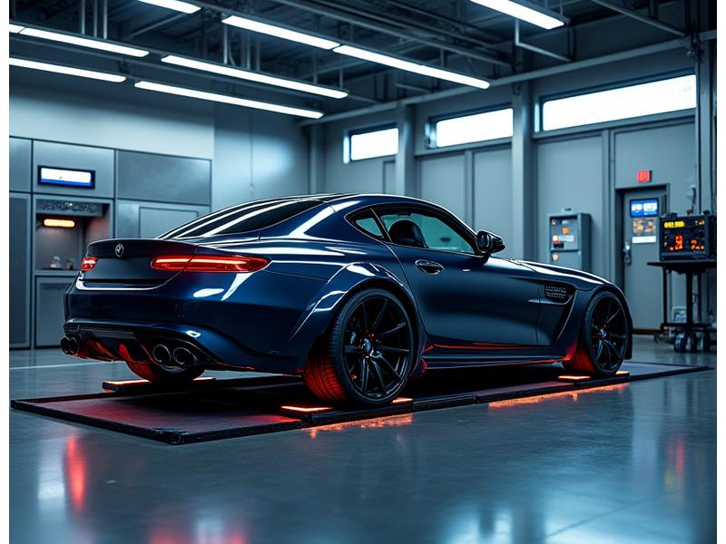 Sports car on a state-of-the-art dynamometer with data screens in the background