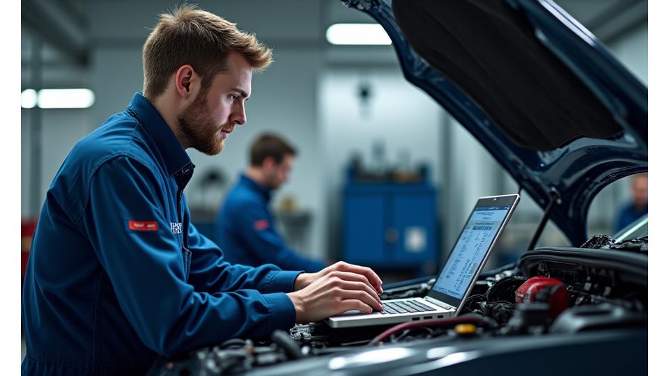 Technician working on a car's engine connected to diagnostic equipment