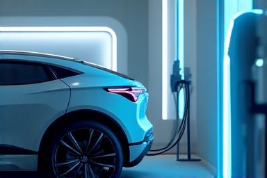 Electric vehicle charging at a station, with futuristic design elements