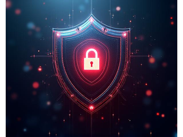 Cybersecurity abstract with glowing blue lines forming a protective barrier around digital key and lock icons, symbolizing data security and encryption.
