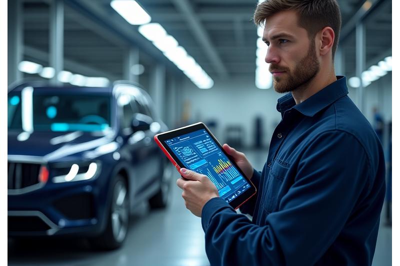 Technician reviewing a digital diagnostic report on a tablet, with a complex engine bay in the background, symbolizing efficiency and transparency.