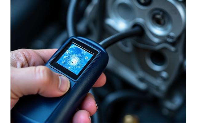 Digital inspection camera being used to view an inaccessible part of a car engine, with the image displayed on a small screen.