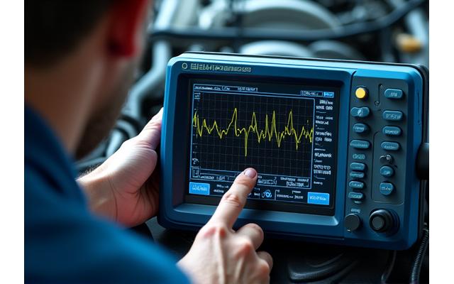 Technician using an advanced automotive oscilloscope to analyze electrical signals from an engine sensor, showing waveforms on the screen.