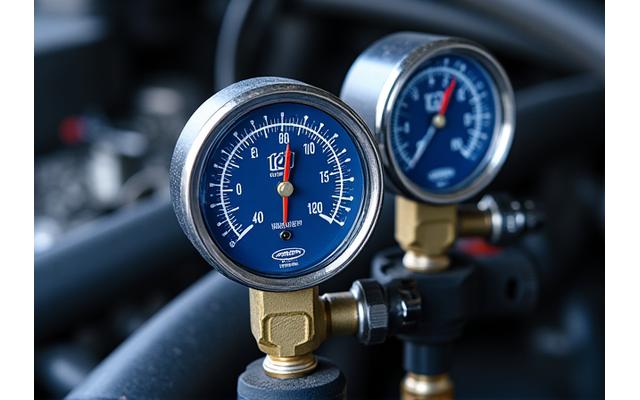 Specialized pressure testing equipment connected to a vehicle's fuel system, with a gauge indicating pressure readings.