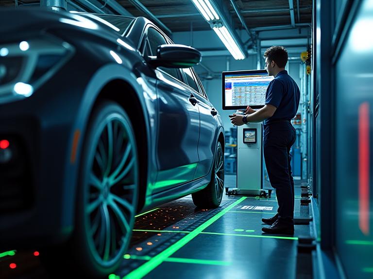 State-of-the-art wheel alignment equipment performing diagnostics on a vehicle.
