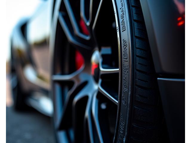 Close-up of a high-performance sports car tire on a wheel.