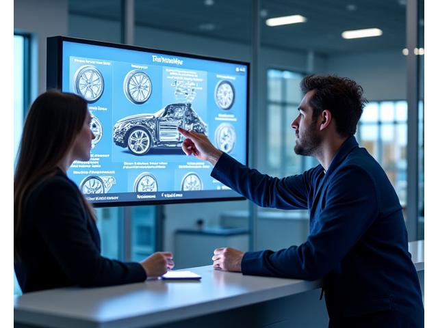 Automotive technician explaining plus-sizing wheel options to a client visually.