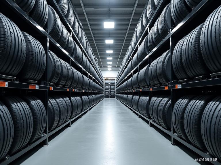 Organized racks of car tires in a modern, climate-controlled storage facility.