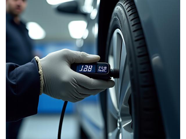 Technician checking tire pressure with a digital gauge.