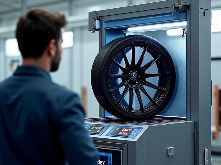 Technician operating a wheel balancing machine with a car wheel mounted.